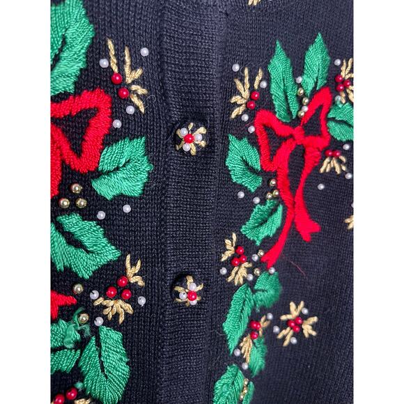 1990s BP Design Holly Gold Green Red Christmas Maximalist Bows Glam Cardigan M - Picture 7 of 8